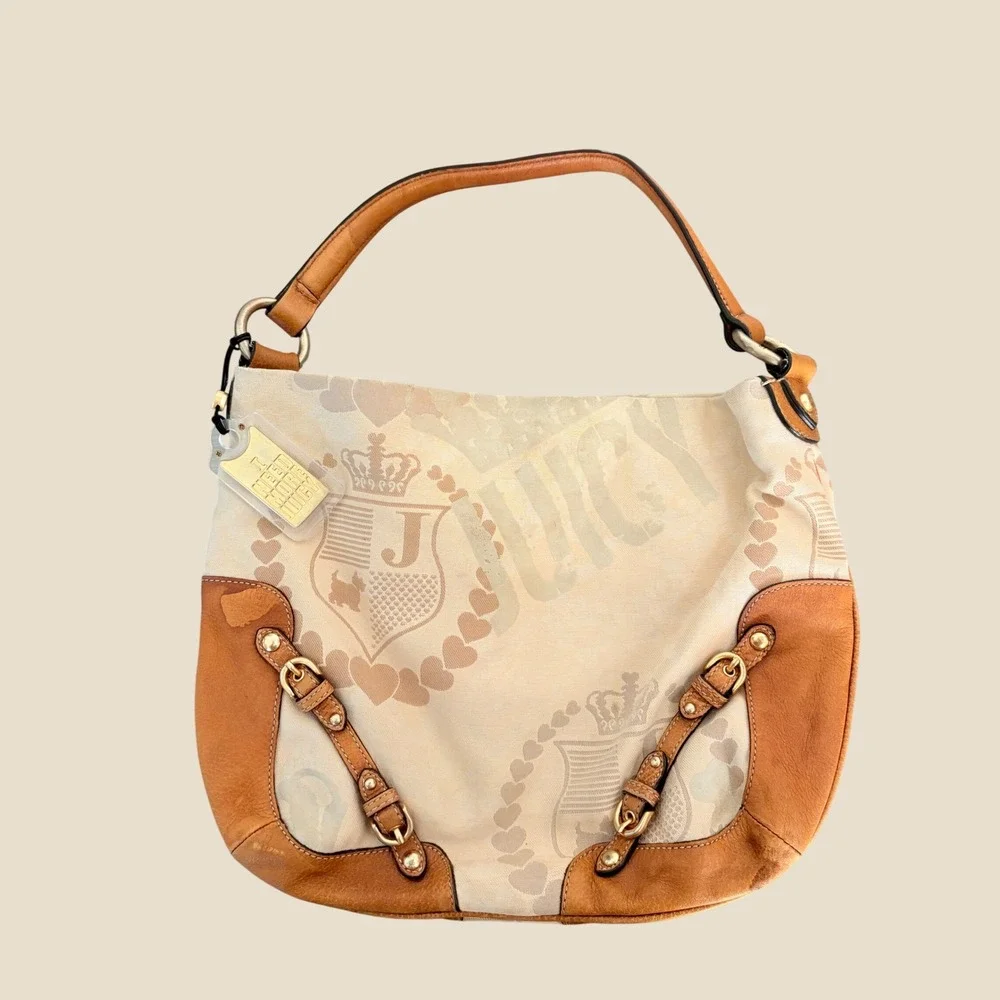 Y2K Juicy Couture Monogram Crest Canvas Hobo Bag Tan Leather Trim Gold Hardware